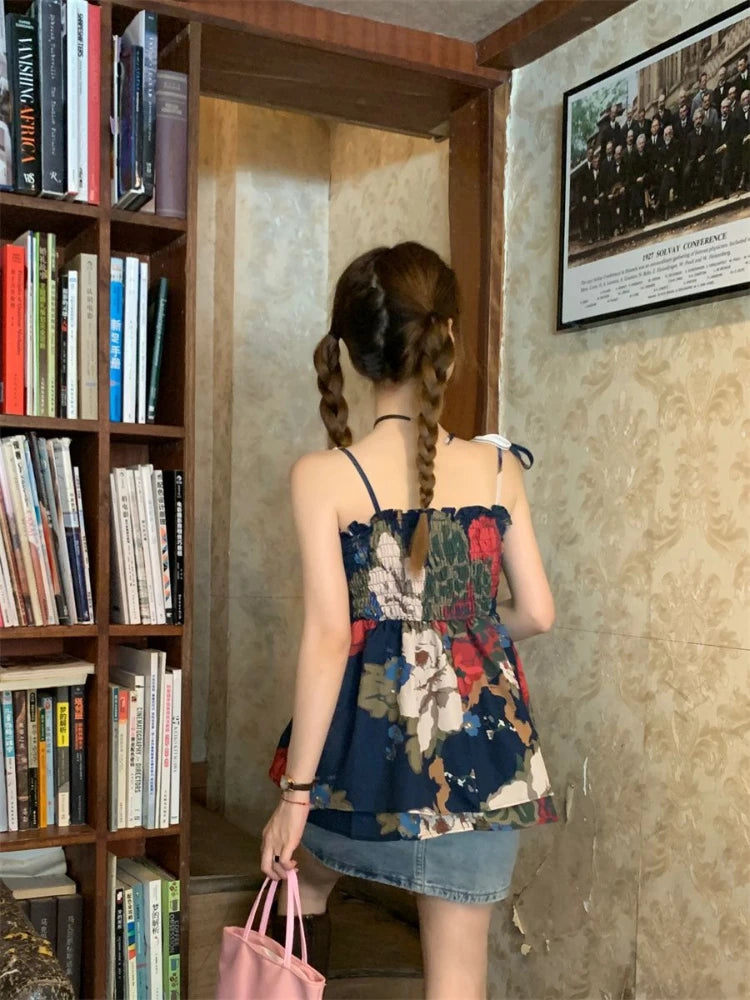 Print Camisole Shirt Summer Blouses Female Vacation Style Elastic Tank Tops