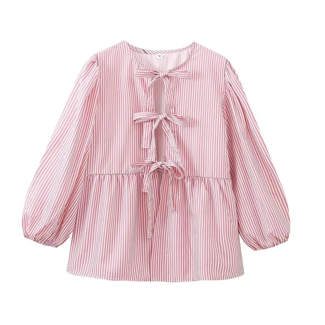 Summer Causal Round Neck Laceup Blouses Puff Long Sleeves Loose Shirt Y2k Female Stripe Tops