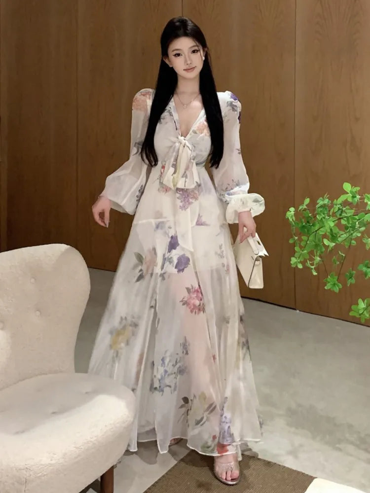 Printed Long Dresses for Lantern Sleeve V-neck High Split Y2k Fairy Party Dress Korean Vestidos New