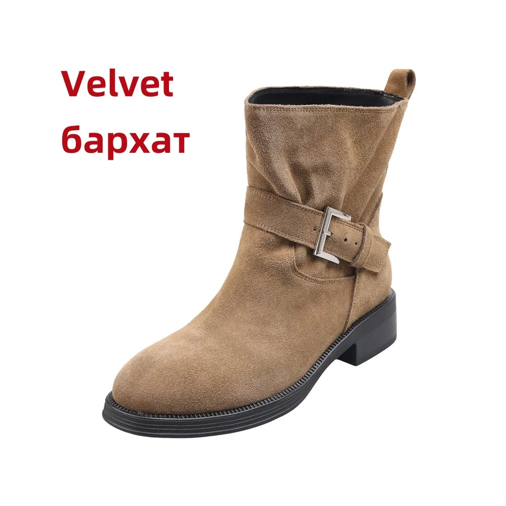 Ankle Boots Cow Suede Round Toe Motorcycle Boots Thick Low Heels Warm Autumn Winter Shoes Buckles Boots
