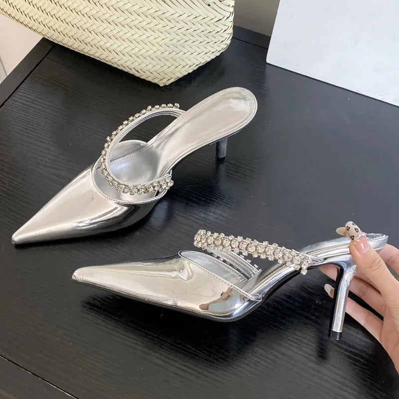 Spring Street Crystal Slipper Pointed Toe Thin Low Heel Sandal Slip on Mules Shoes Zapatos Mujer