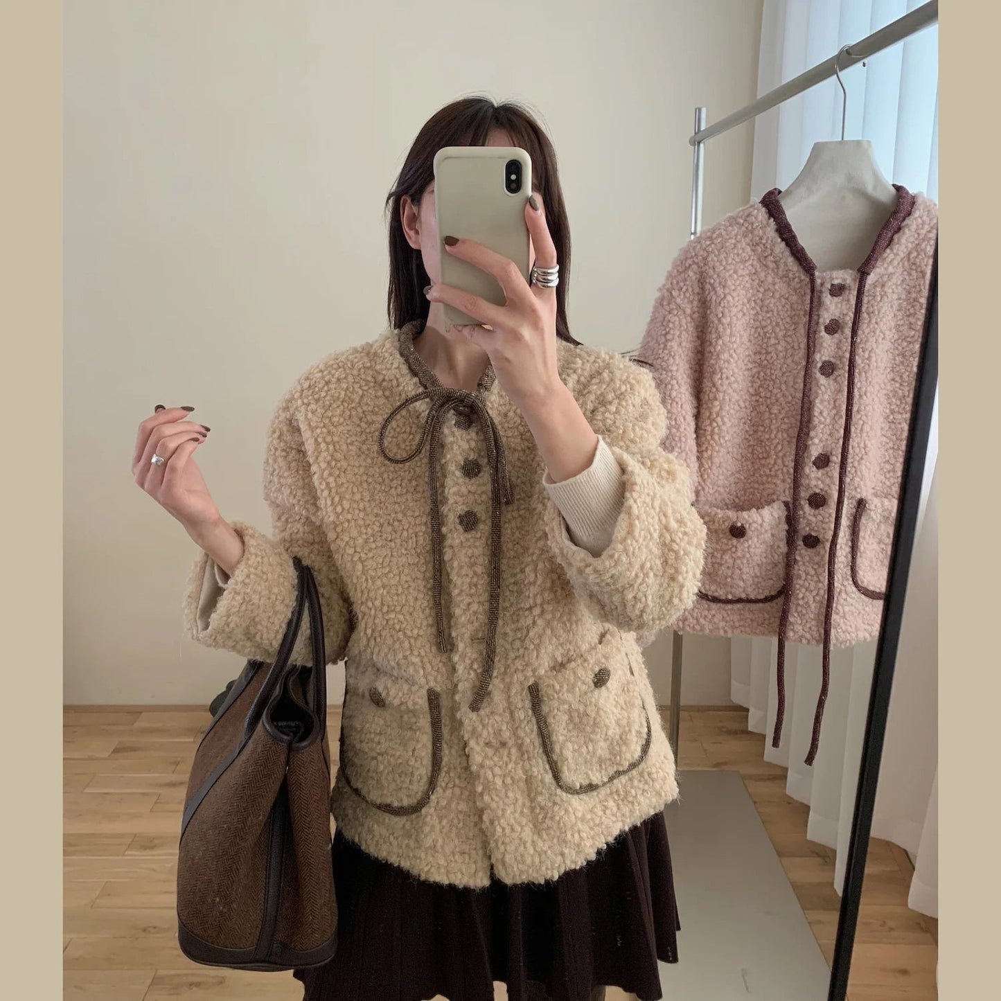 Sweet Hot Girl Oneck Doublesided Woolen Coat Autumn/winter Oneck Laceup Loose Coat Female Clothes