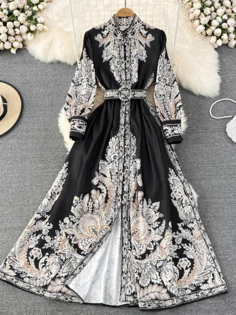 Long Dress Print A-line Ruffled Party Dresses Long Sleeve Long Robe Vestidos