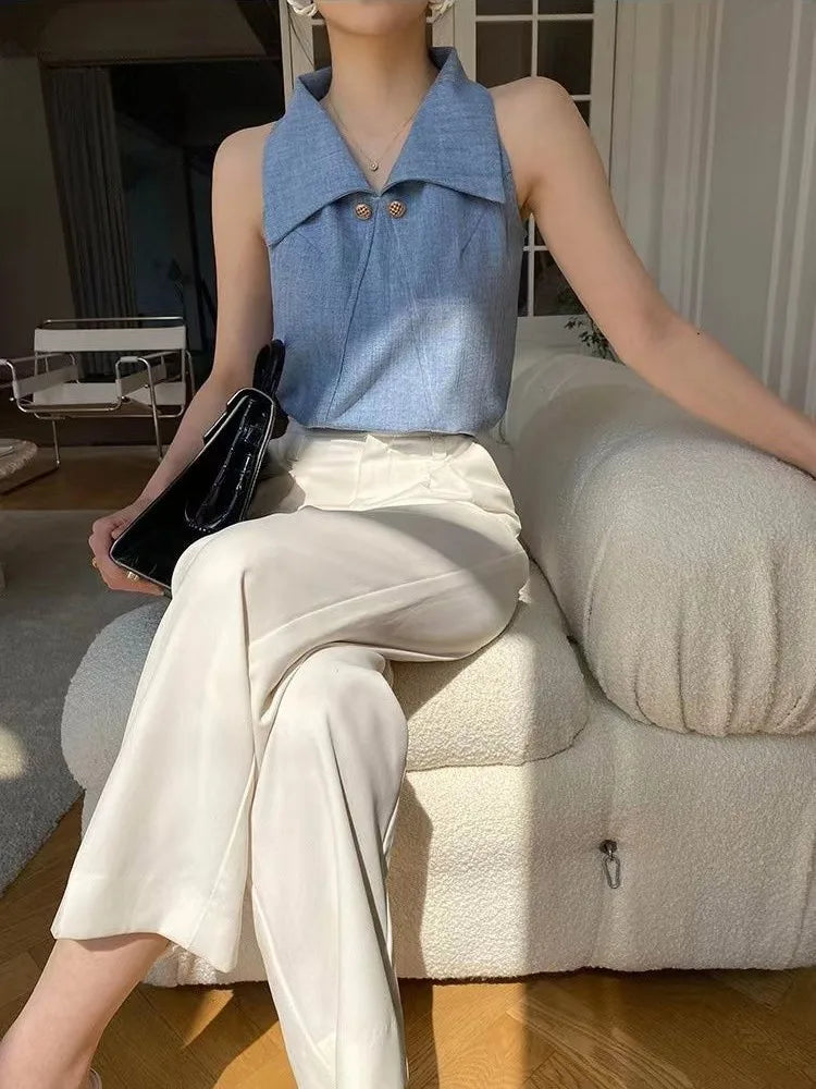 Temperament Lapel Blouse Sleeveless Off Shoulder Blue Shirts Office Lady Formal Tops Summer