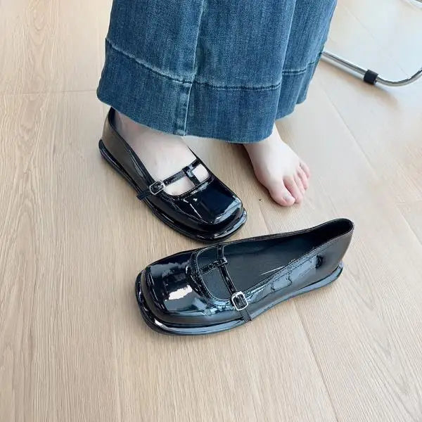 Patent Leather Ballet Flats Shoes Autumn Allmatch Oxfords Square Toe Fall New Summer Mary Janes Square Toe Shoes Au