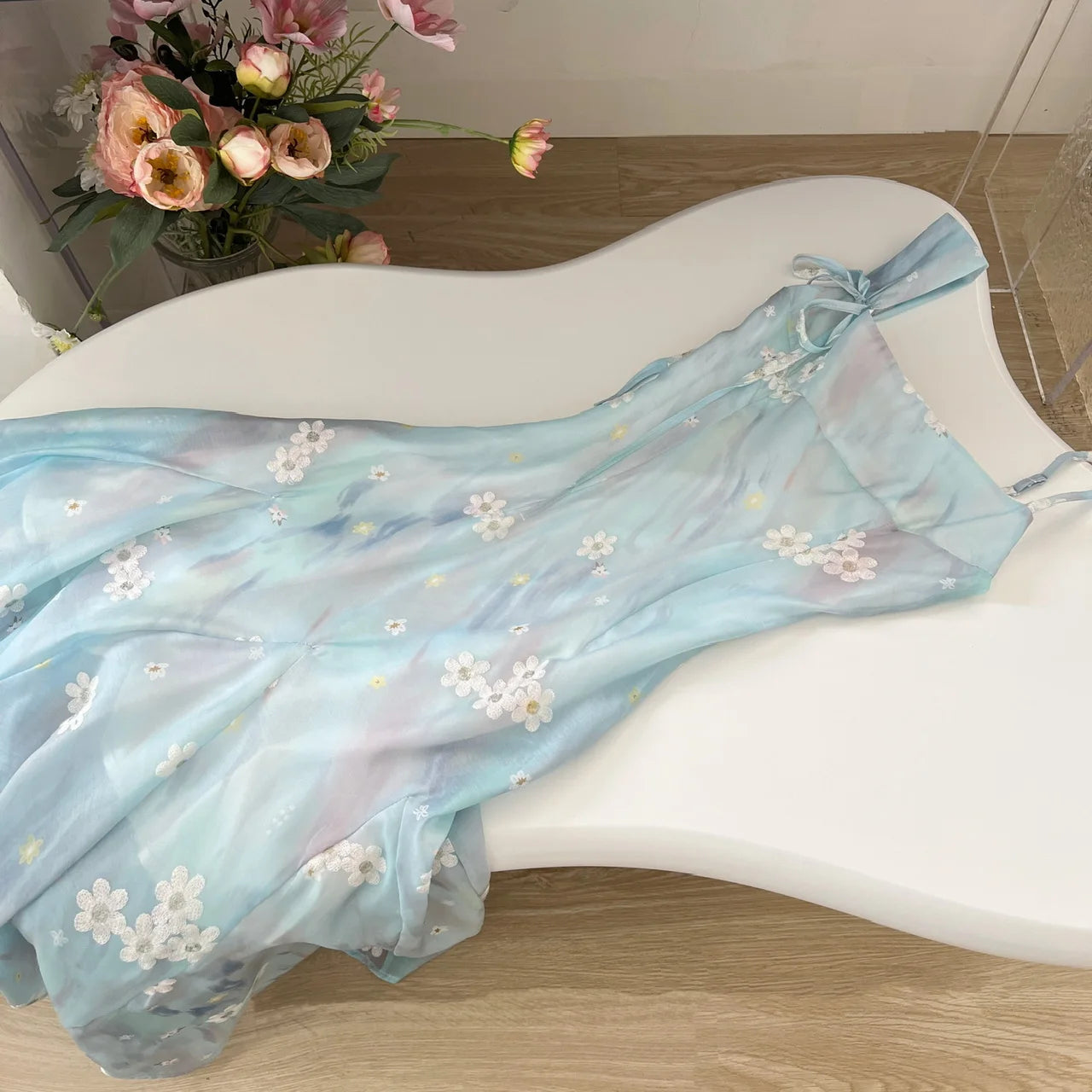 Summer Blue Chiffon Midi Dress Beach Embroidery One Piece Dress Korean Evening Party