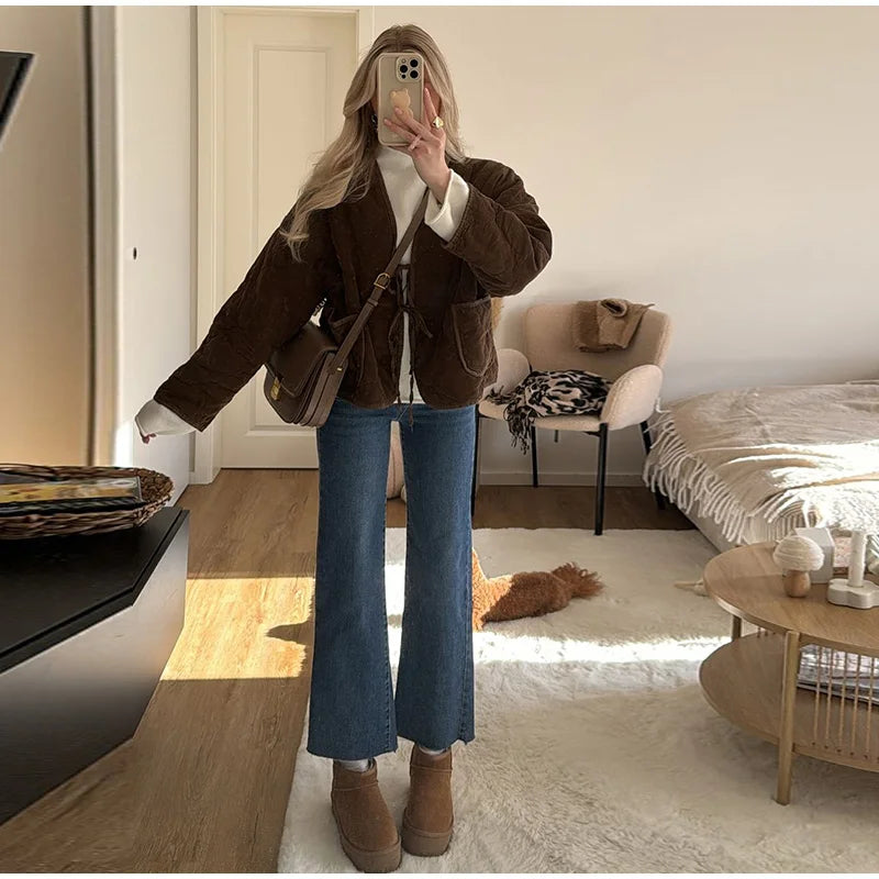 Brown Quilted Padded Suede Coat Long Sleeve Lace Up Cropped Jacket Autumn Winter Lightweight New in Outerwears