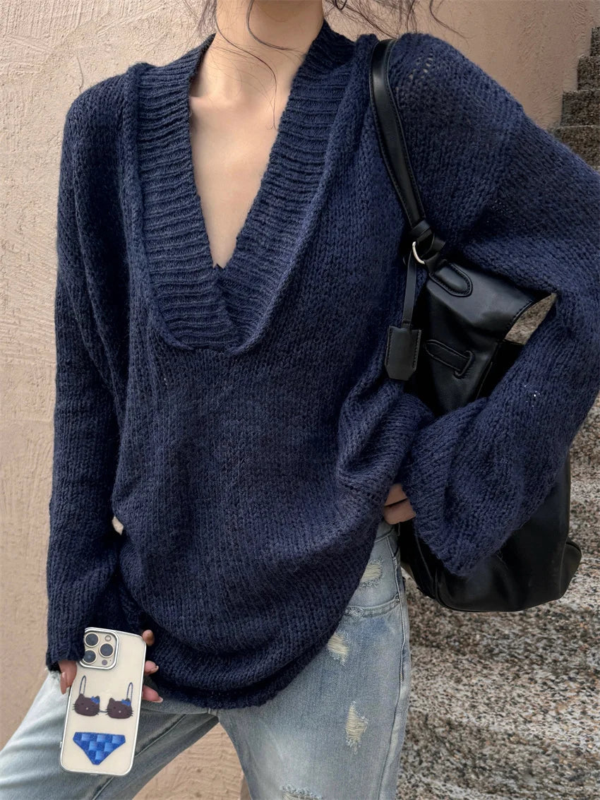 Spring Lazy Style Sweaters Loose Vneck Pullovers New Oversize Knitted All Match