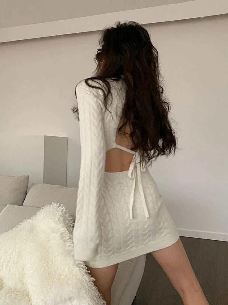 Open Back Cable Knit Mini Dress Plain Slim Turtleneck Long Sleeve Bodycon Onepiece Autumn Winter Clothes