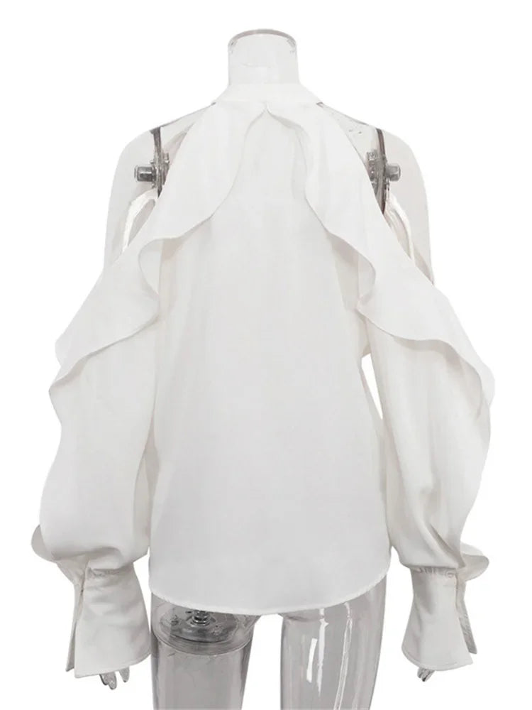 White Ruffled Shirts Top for Patchwork Off-shoulder High Waist Female Summer Blouse