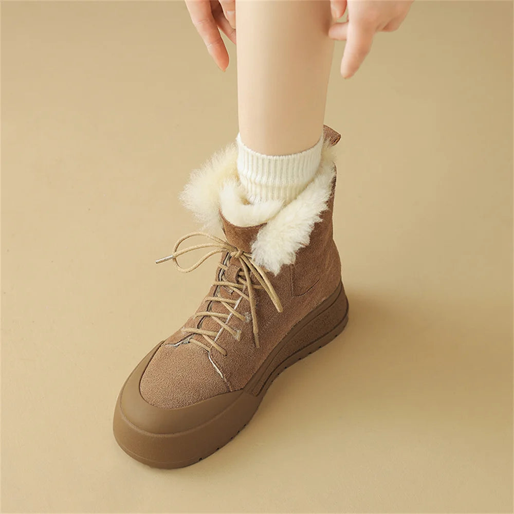 Wool Snow Boots Flats With Platforms Crosstied Ankle Boots Round Toe Fur Short Winter Warm Boots Shoes