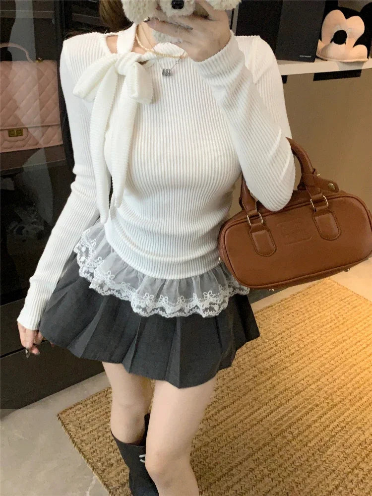 Gray Lace Spliced Knit Base Sweater for Ballet Style Autumn Winter Bow Tie Knitwear Lace Long Sleeve Pullover
