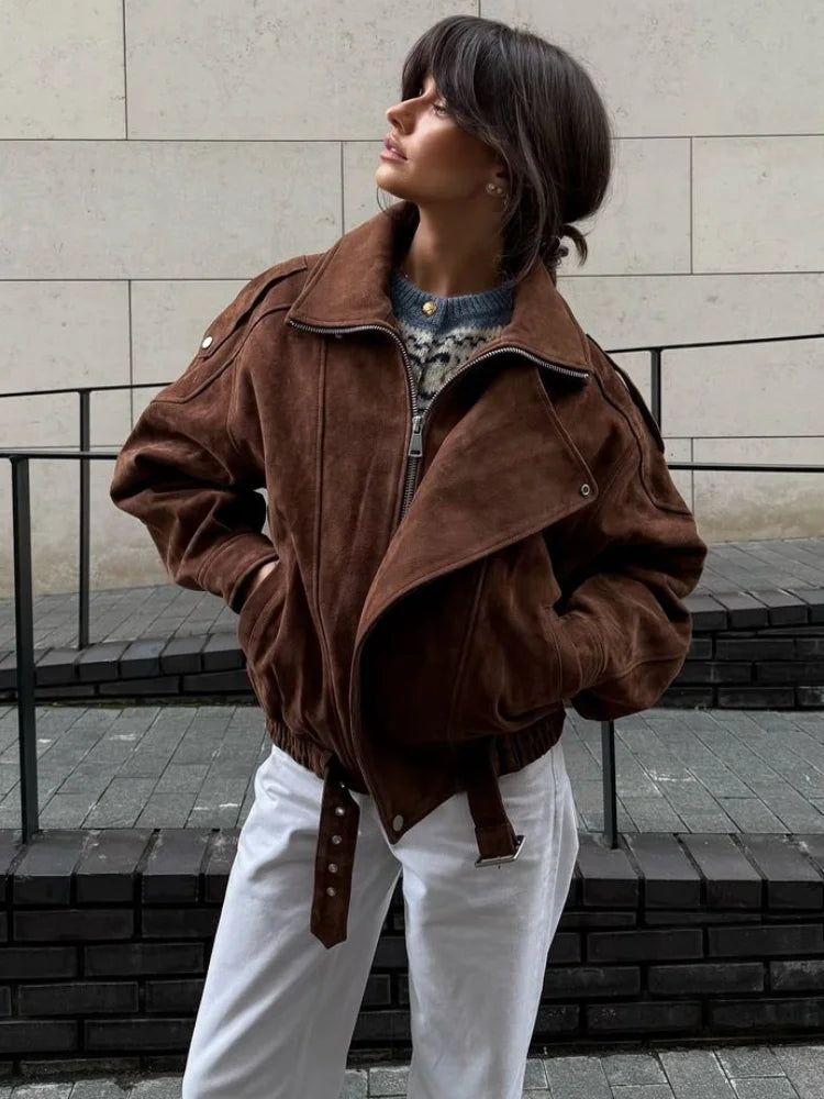Brown Maillard Lapel Suede Leather Jackets for Long Sleeve Zipper Pockets Coats Lady High