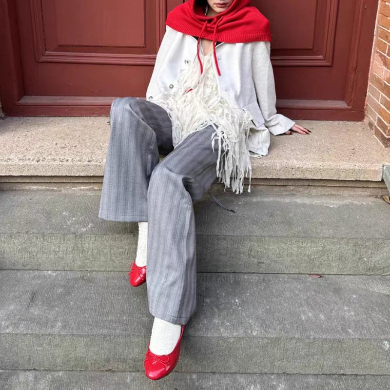 Korean Retro Contrast Color Patchwork Pants Spring New High Waist Laceup All Match Striped Wide Leg Pants