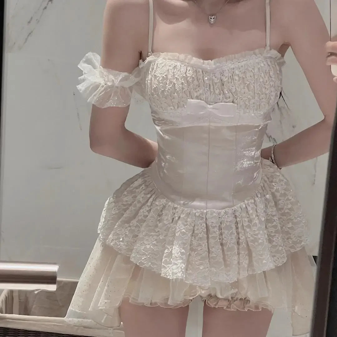 Summer Korean Style Lace Waist Slimming Suspended Dress Princess Hot Girl Mesh Spliced Aline Short Mini Dress for