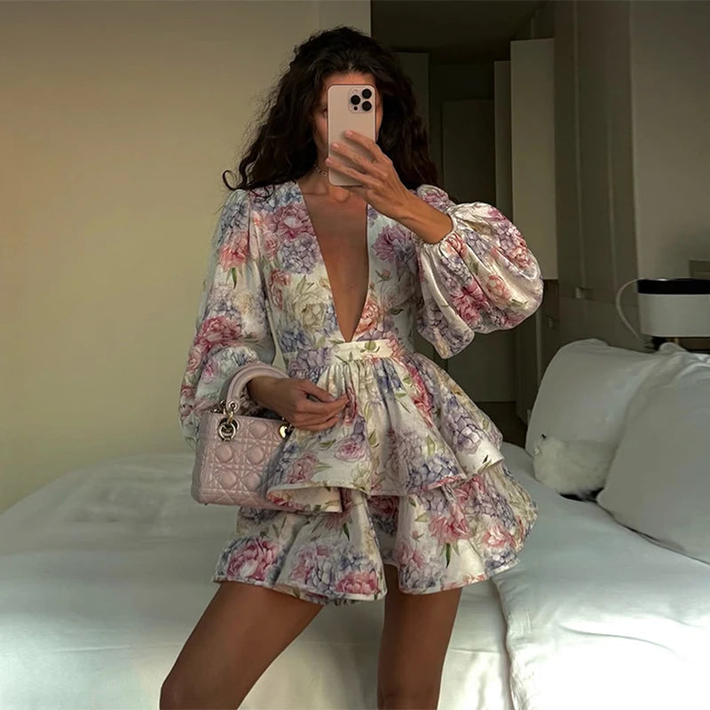 Print Ruffle Long Sleeve A-line Mini Dress
