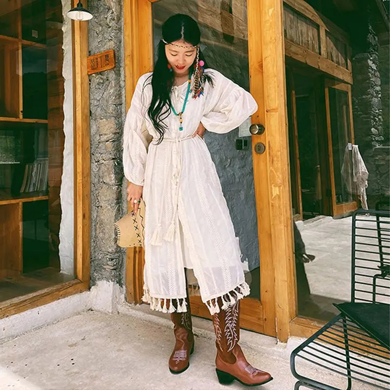 Summer Style Lantern Sleeves Tassel Lace Cardigan Apricot Sunscreen Cover Top Strap Camisole Long Dress Clothing