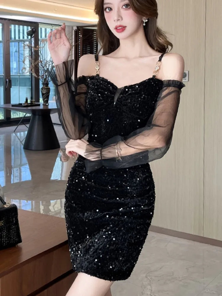 Sequins Velvet Dresses Korean Off Shoulder Slash Neck Slim Evening Party Mini Dress Female Short Vestidos Clothes