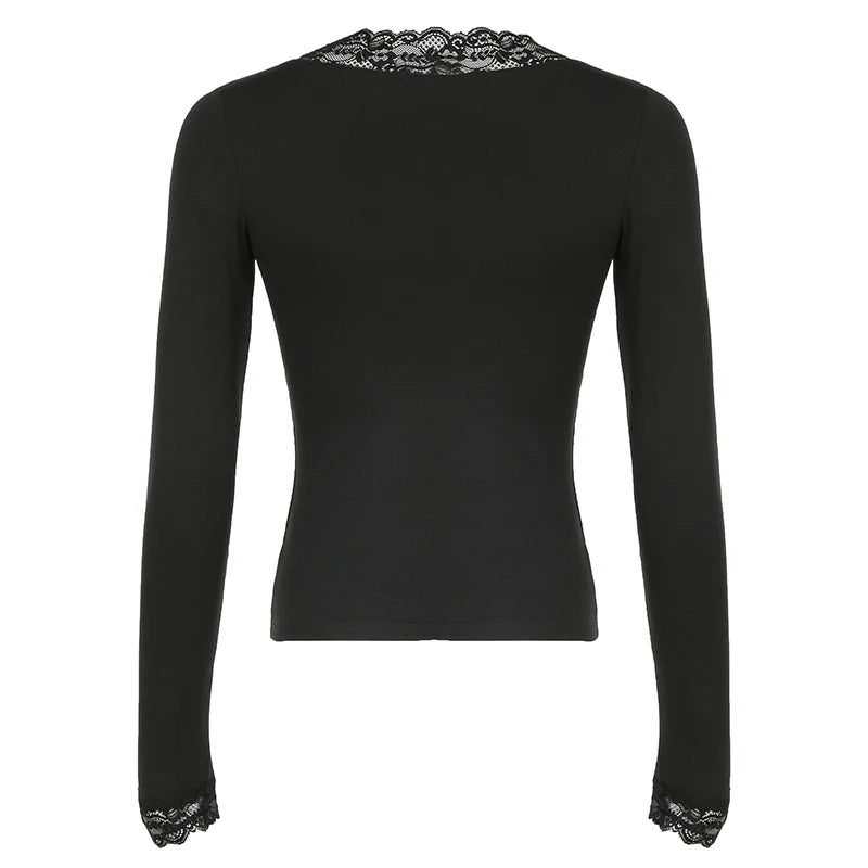 Black Lace Trim V-neck T-shirt Slim Basic Long Sleeve Top Tees All-match Autumn New