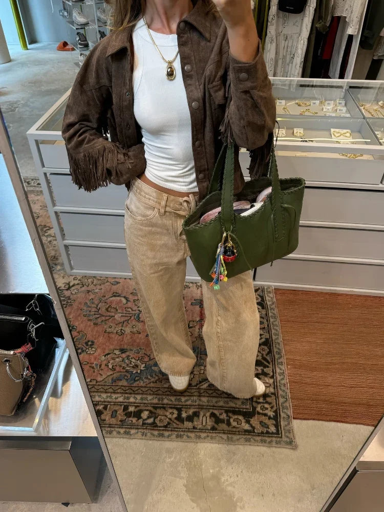 Retro Tassels Patchwork Jackets Lapel Long Sleeve With Button Short Coats Autumn New Lady High Street Outwear