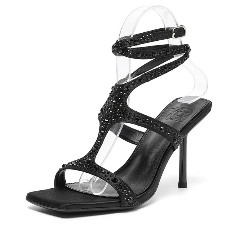 Rhinestones Thin High Heels Ankle Strap Party Dress Shoes Open Toe Shiny Designer Brand Sandals