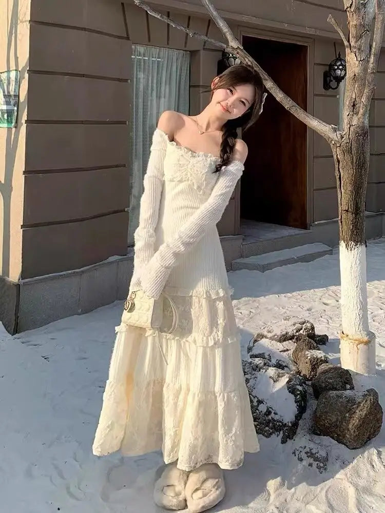 Knitted Lace Patchwork Flare Long Sleeve Square Collar Temperament Basic Sweater Dress Sweet Female