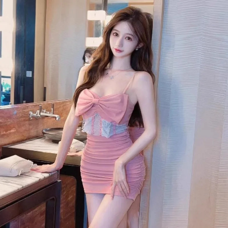 Mini Dresses Sweet Bow Sleeveless Lace Patchwork Slim Party Mini Dress Backless Clubwear Female