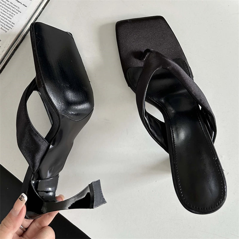 Summer Square Clip Toe Slippers High Heels Slides Sandals Flip Flops Shoes