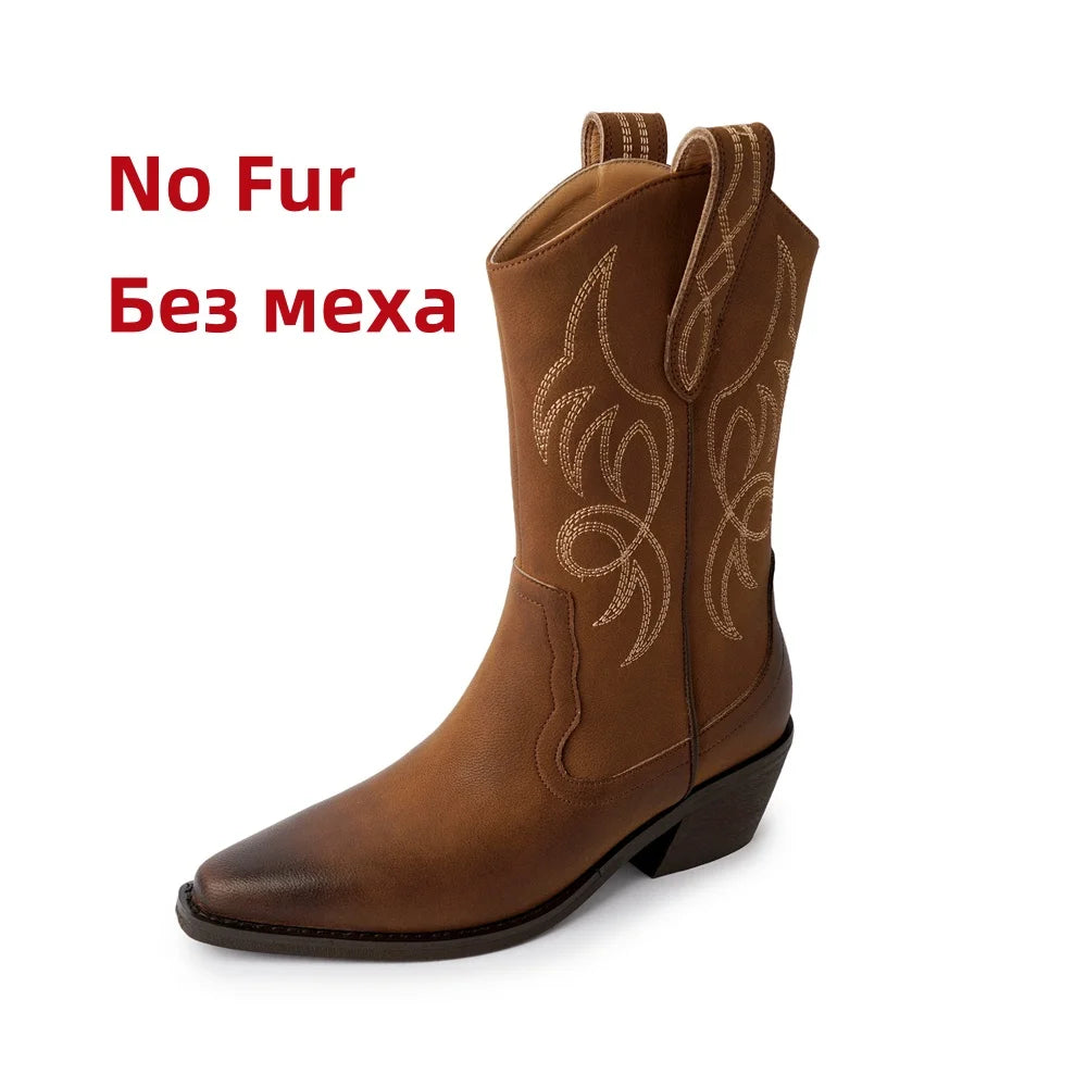 Embroidered Western Cowboy Boots for Autumn Pointed Toe Thick Heel Midcalf Boots Woman Leather Long Warm Shoes