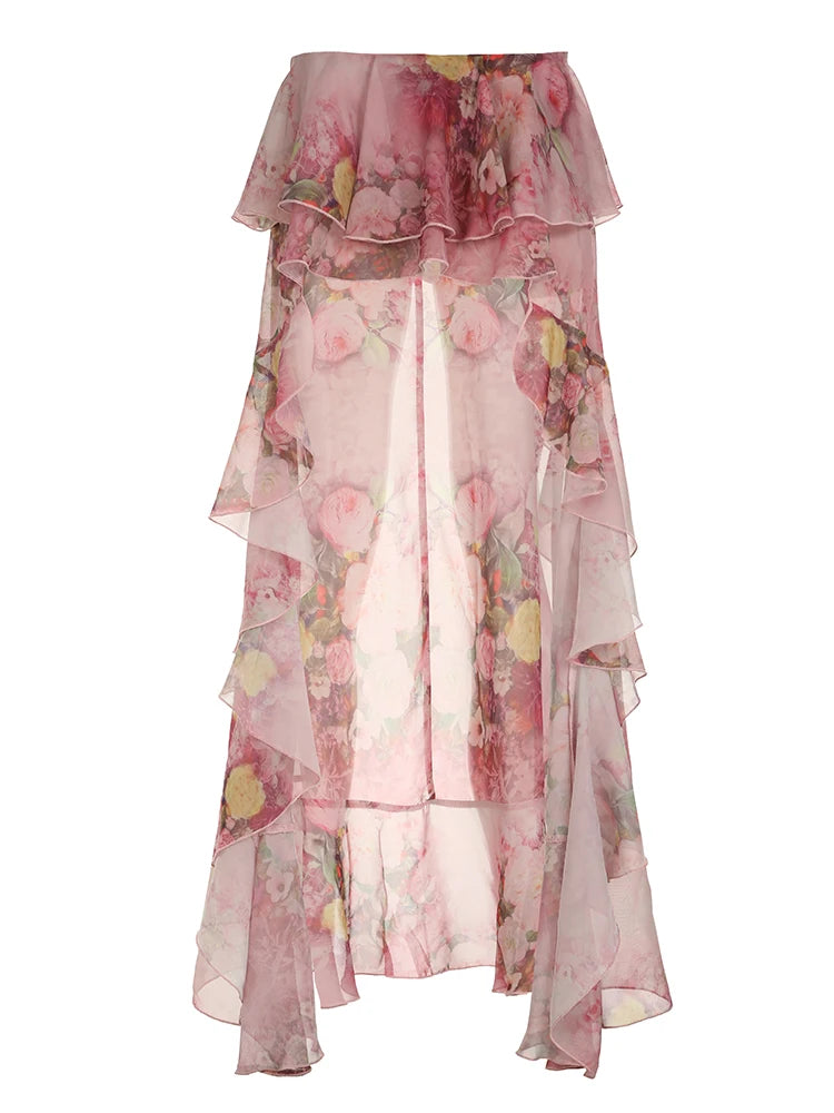Beach Print Chiffon Ruffled Skirt Asymmetrical Dipped Hem Pink Romantic Vacation Skirts