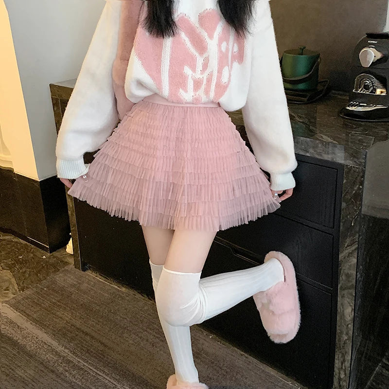 Black Tulle Mini Skirt Aesthetic Kawaii Ruffles Pink Mesh Skirts Summer Korean High Waist a Line Skirt