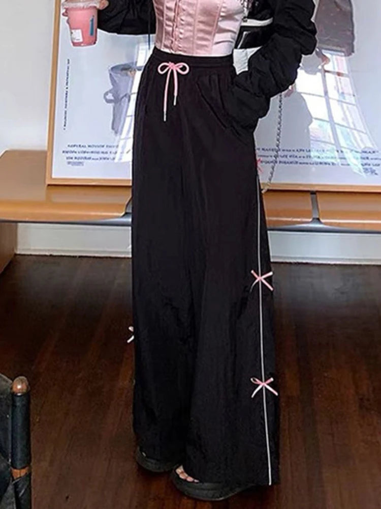 Black Baggy Sports Pants Y2k Bow Drawstring Straight Wide Leg Sweatpants Hip Hop Causal Kpop Mujer Bottoms