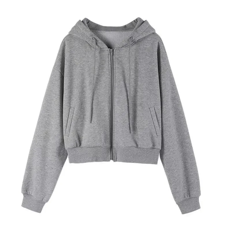 Autumn Spring Zip Up Hoodies Pockets Slim Crop Top Jacket Female Clothes Drawstring White Hoody Cotton Coats