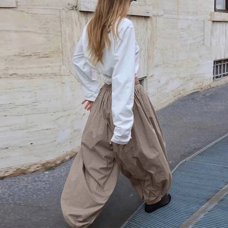 Autumn Print Trousers Elastic Waist Foot Binding Dropped Pants Wide Leg Pleated Lady Patchwork New