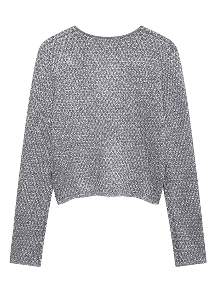 Slim Sequin O Neck Knitted Cardigan Long Sleeve Single Breasted One Button Sweater Spring Lady New Commute Knitwear