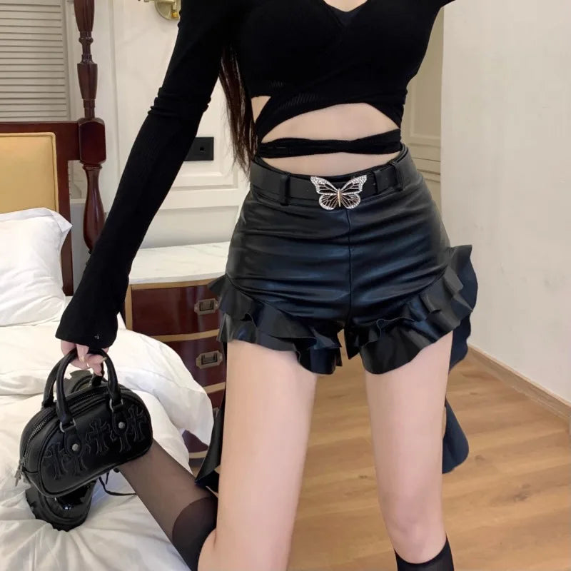 American Retro Ruffles Black Faux Leather Shorts Spring New High Waist Slim All Match Shorts
