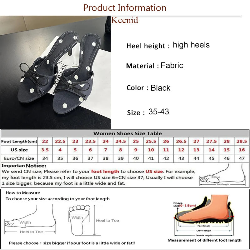Black Polka Dot Peep Toe High Heel Mules Bowtie Slide Shoes Party Slipon Footwear