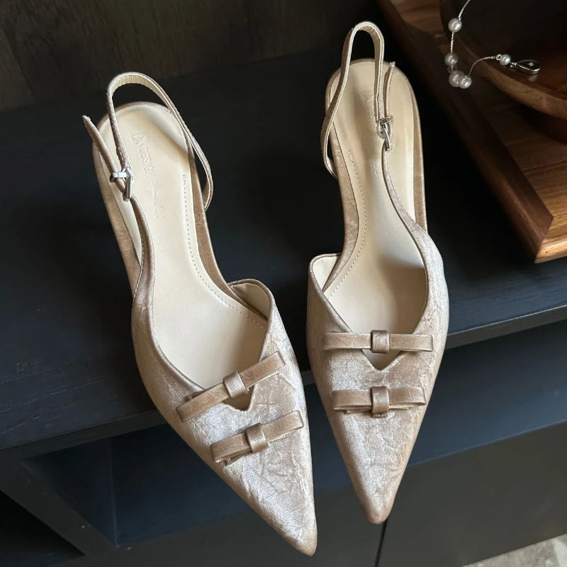 Spring Bowknot Strap Thin Heeled Shoes Hollow Pointed Fine High Heels Wedding Banquet Shallow Mouth Female Sandals