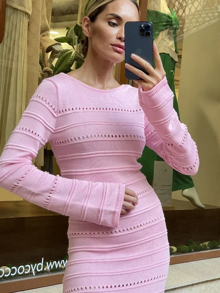 Striped Hollow Two-wear Knitted Long Dress for Party Club Sweater Dress Vestido Femaleslim Outfits