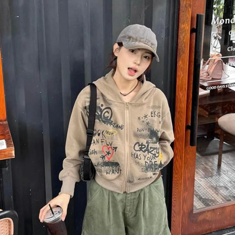 Y2k Hooded Sweatshirt Spring New Letter Print Zipper Jacket American Retro Crop Tops Female Coat