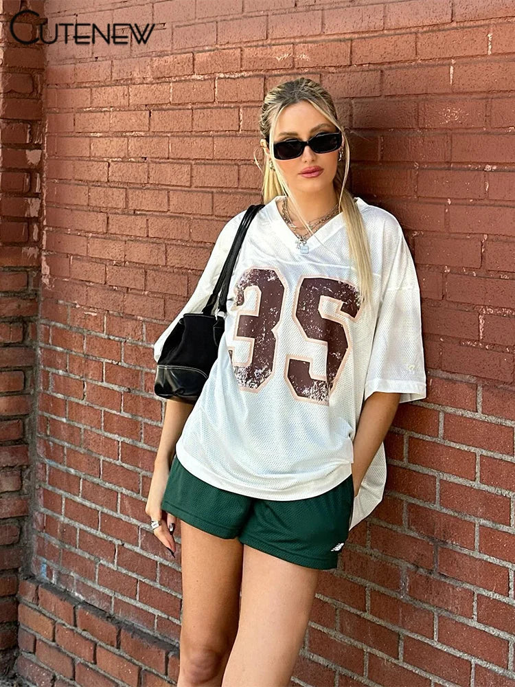 Printed T-shirts Classic Concise Short Sleeve V-neck Loose Basic Tees All-matched Daily Street Tops