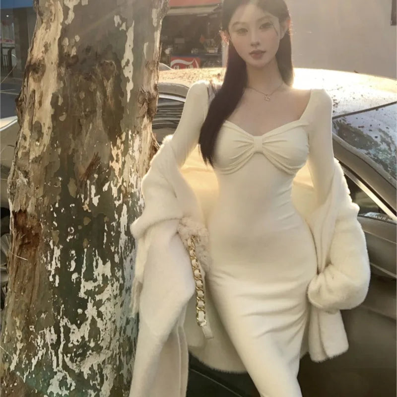 French Autumn New Bodycon Midi Dresses Square Collar Long Sleeve Slim Korean Party Dress Vestidos Mujer
