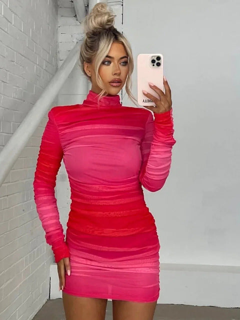 O- Neck Contrast Long Sleeve ’s Dress Party Street Stretchy Tight Ruffle Female Mini Dress Autumn New