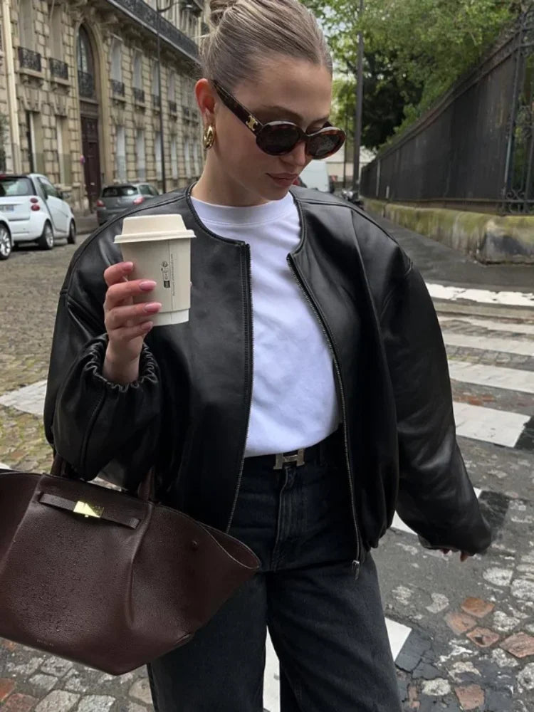 Zipper Round Neck Faux Leather Jacke Long Sleeved Color Coat Autumn New Lady Commuting Outerwear