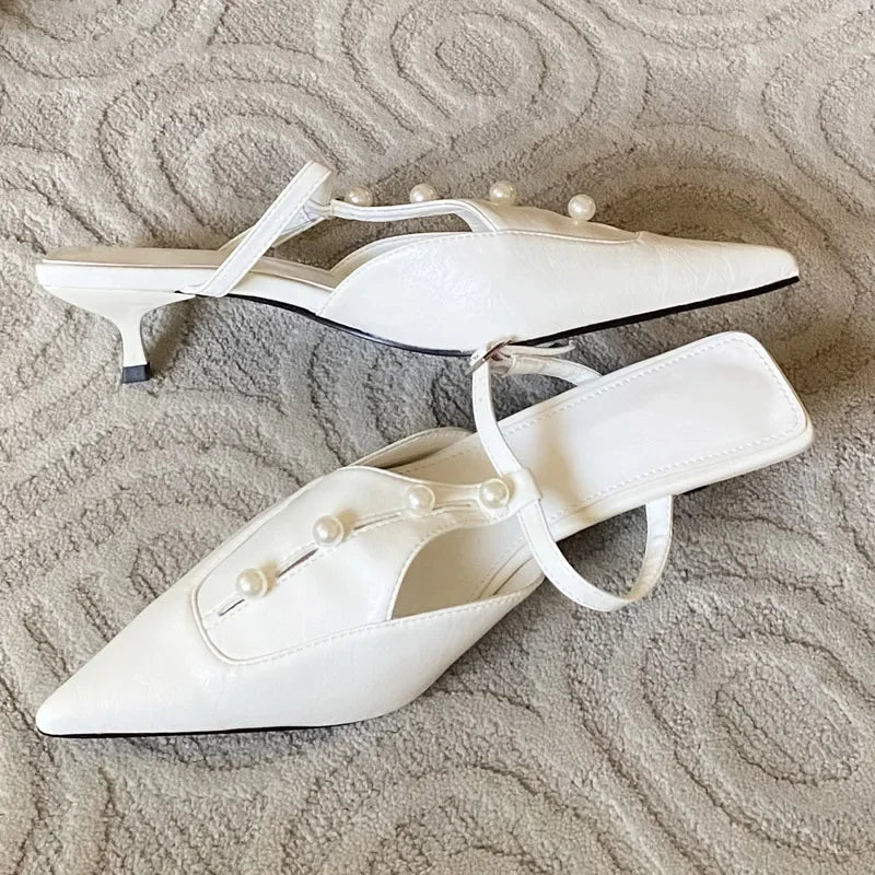Woman Pumps String Pearl Pointed Toe Thin Low Heels Shoes Buckle Strap Zapatos De Mujer