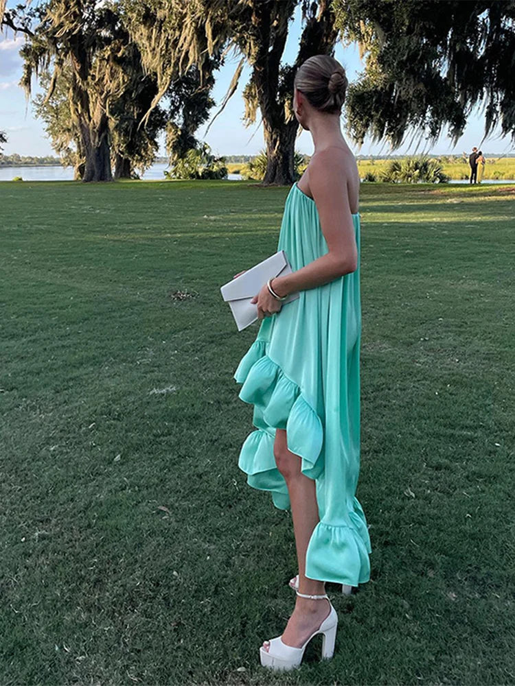 Backless Ruffles Irregular Sleeveless Loose Maxi Dresses Off Shoulder Dresses Lady Beach Vacation Vestidos