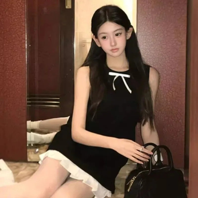 Mini Dresses Bow Patchwork Sleeveless Ruffles O Neck Sweet Party Dress Female Spring Summer