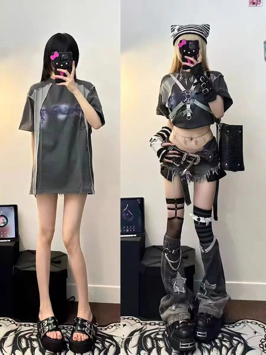 Harajuku Y2k Millennium Spicy Girl Retro Hairy Slim Denim Shorts for Summer Low Waist Jeans Star Patch Leg Covers