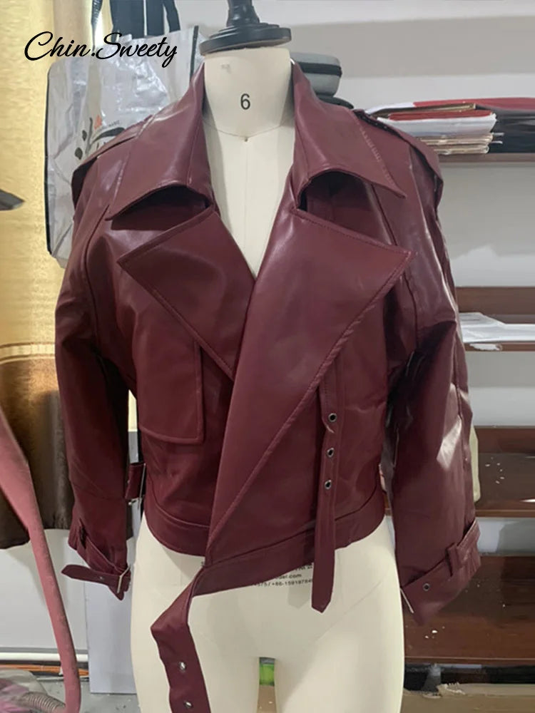 Leather Short Leather Jacket With Belt Lapel Long Sleeved Cropped Coat New Lady Street Party New Outwears _