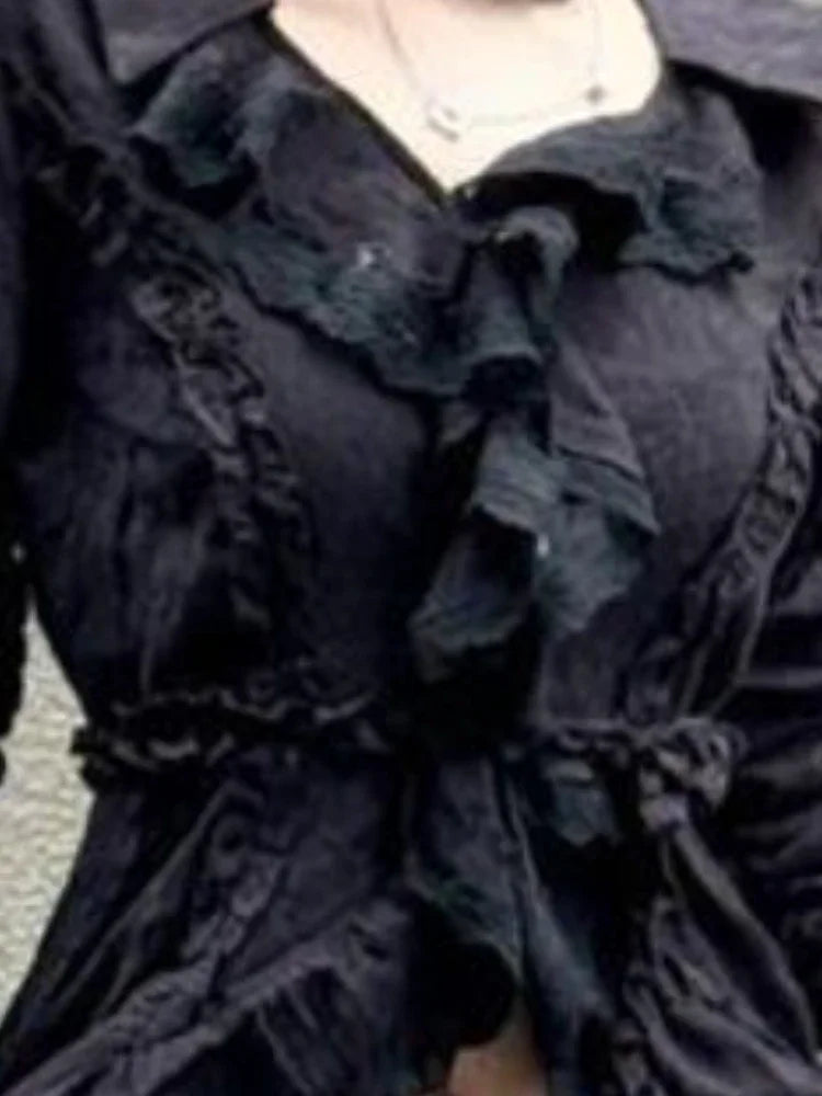 Pleated Blouse Ruffled Slim Harajuku Ruffled Tops Y2k Aesthetic Lace Patchwork Black Shirts De Mujer